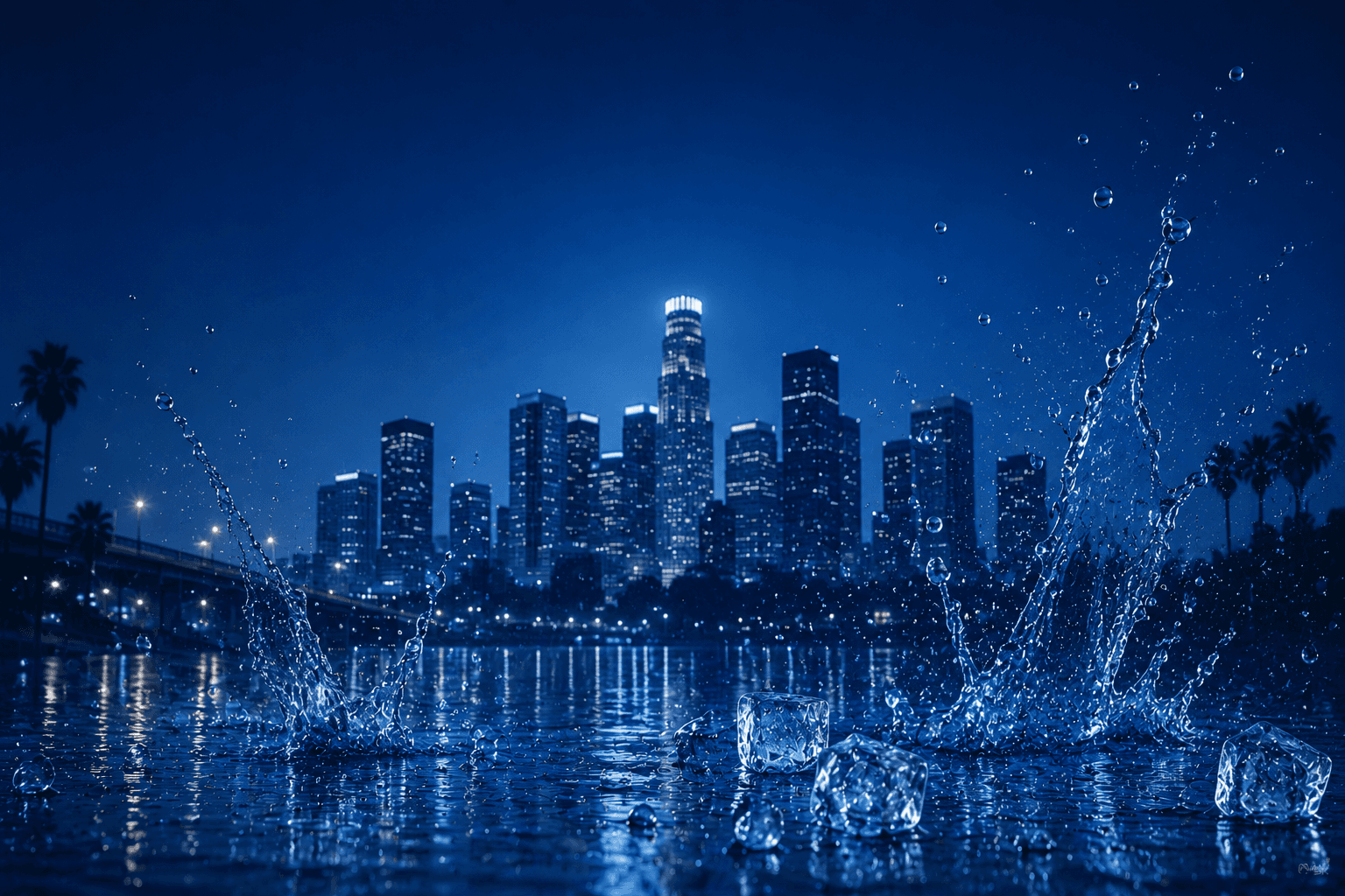 Downtown Los Angeles skyline at night reflected over water